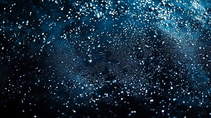 Wall Mural - Teardrops of water on a dark glass window, sparkling under light. The wet surface creates an abstract, watery pattern, like scattered blobs of pure blue.