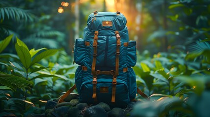 blue backpack in a dense forest