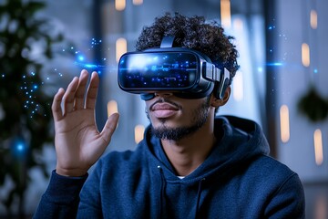 Poster - A person using virtual reality (VR) goggles, fully immersed in a digital environment