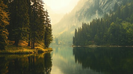 Wall Mural - Tranquil Forest Lake with Misty Mountain Peaks