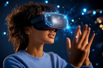 Poster - A person using virtual reality (VR) goggles, fully immersed in a digital environment