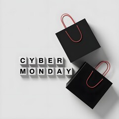 Modern Cyber Monday Flat Lay Bold Typography, Sleek Black Shopping Bags, and Minimalist Design for a Sophisticated Holiday Aesthetic 