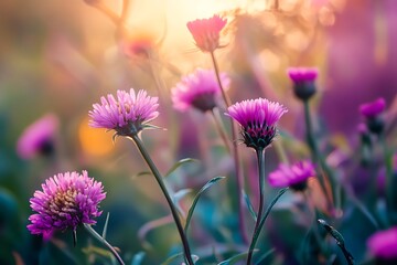 Wall Mural - Soft Focus Pink Flowers Blooming in Warm Sunset Light