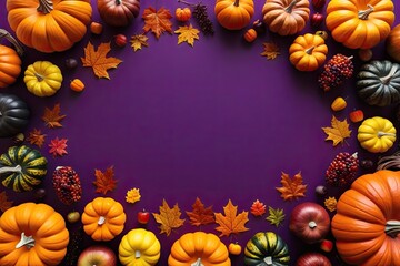 3D Pumpkin and Autumn Fruit Display on Purple Background for Thanksgiving and Halloween