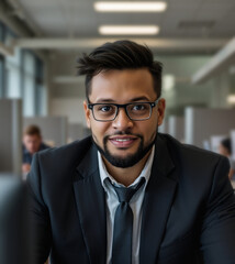 leadership in the workplace, layered suit and tunic, satisfaction, cubicles, simple blurry background at noon, smart person portrait