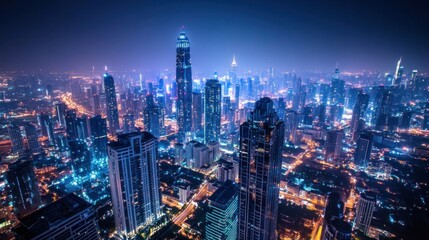 A vibrant city skyline illuminated at night, showcasing modern architecture and urban life.