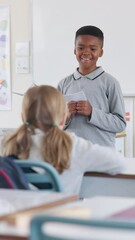 Aufkleber - Boy, classroom and talking for oral presentation, show and tell with learning, development and progress. Kid, education and assessment for public speaking with speech, notes and language at school