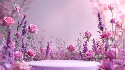 Wall Mural - Summer background with garden rose flowers and podium cosmetic Purple Day Valentines day easter field scene gift