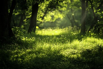 Wall Mural - Sunlight through the trees in a lush green forest