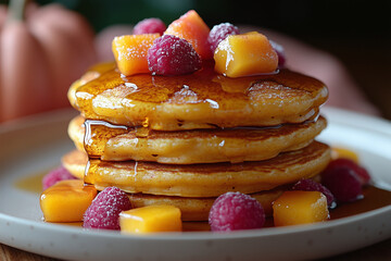 Delightful stack of tiny pumpkin pancakes with fresh fruits and syrup on a rustic table