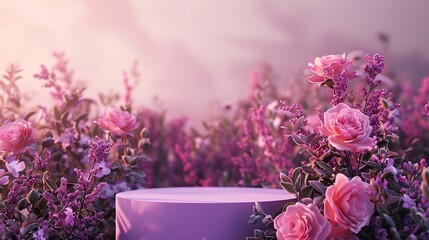 Wall Mural - Summer background with garden rose flowers and podium cosmetic Purple Day Valentines day easter field scene gift