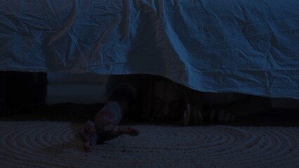 scary ghost or monster hiding under bed in dark bedroom at night. scary horror ghost peeking out fro