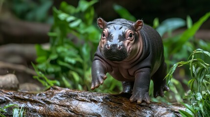 Playful Baby Pygmy Hippo Tumbling over Log in Lush Habitat