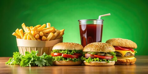 Fast food meal with fries and drink on bright green background in casual setting. Generative AI