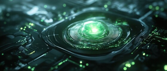 Poster - A futuristic circuit with a glowing green core, symbolizing advanced technology.