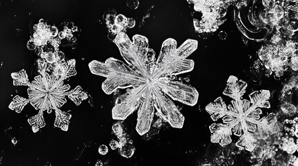 Wall Mural - White raindrops and snowflakes freeze in the air, creating abstract patterns on a black backdrop, captured in a freeze-frame.