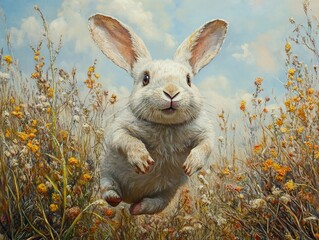 Wall Mural - White Rabbit Leaping Through Wildflowers