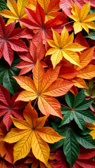 Close-up portrait of vibrant autumn leaves in shades of orange, yellow, red, and green showcasing the beauty of fall foliage, capturing nature's seasonal colors and texture in a autumn setting