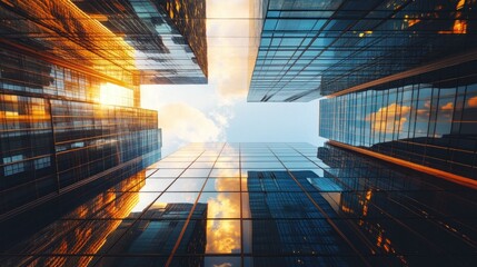 Canvas Print - Skyscrapers Reflecting Clouds and Sunset at Dusk