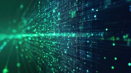 Poster - Abstract digital visualization with green particles and lines representing data flow.