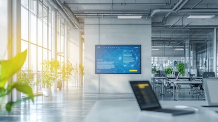 Poster - Modern office space featuring a large screen displaying data and green plants.