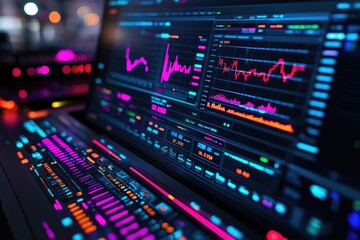Leinwandbilder - Stock market data displayed on a futuristic computer screen at night
