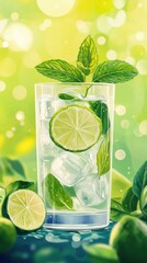 Wall Mural - Refreshing Mojito Drink with Lime and Mint Leaves on Ice Background