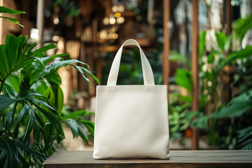 Blank white tote bag mockup displayed in a lush, natural setting with vibrant greenery