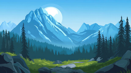 Beautiful mountain landscape with a forest in the foreground and a bright sun in the sky.