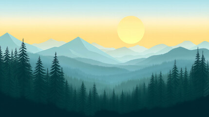 Poster - A minimalist illustration of a mountain range with a sun setting behind it.