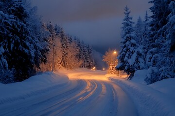 Canvas Print - Snowy Forest Road at Night with Streetlight