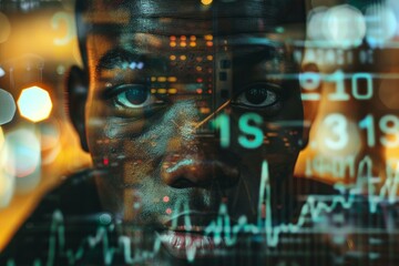 Poster - Stock trader is analyzing data from a computer screen at night, trying to predict market trends