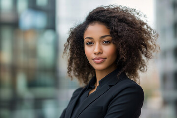 Confident Black businesswoman poses against a modern city backdrop on a bright, sunny day