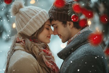 Young couple in love touching noses under christmas tree in snow