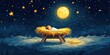 © AbsoluteAi - A Christmas Nativity night scene of a baby Jesus resting in a hay manger under a bright moon and starry sky.