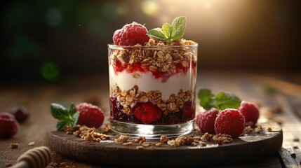 Wall Mural - Delicious yogurt dessert with granola and fresh raspberries on wooden table