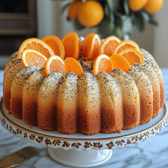 Deliciously crafted poppy seed cake adorned with fresh orange slices on a decorative stand