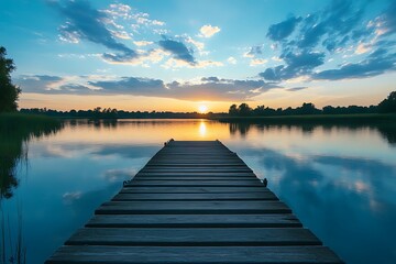 Poster - Wooden dock leading to a lake at sunset. Tranquil summer evening scene with reflections on water.