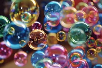 Poster - Beautiful soap bubbles floating creating a blurred background with reflections