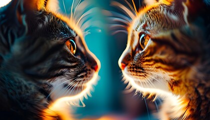 Vibrant close-up of sleek cat fur with mirror reflection creating a stunning double exposure effect