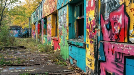 Canvas Print - Colorful Graffiti Covered Building With Broken Windows