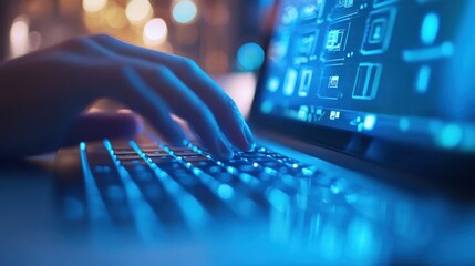 Poster - A close-up of a hand typing on a laptop keyboard with a glowing screen.