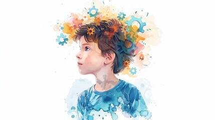 Wall Mural - Children mental health and think concept. Little boy with colorful elements inside his head. Vibrant puzzle, gears, shapes, scribbles. Abstract illustration isolated on white background cover, poster