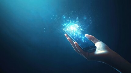 Poster - A hand holding a smartphone emits glowing particles in a dark environment.