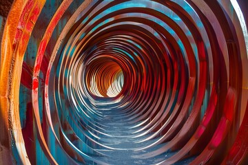Poster - abstract image of colorful metal tunnel creating concentric circles leading to light