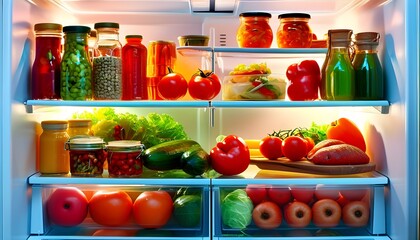 Wall Mural - Vibrant and Organized Fridge Interior Showcasing Brightly Colored Foods with a Silhouette Effect and Ample Copy Space