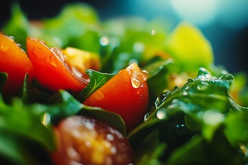 Fresh salad with tomatoes being sprinkled with water droplets