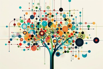 Fototapete - Abstract tree growing with colorful connections representing data connection, big data, internet and artificial intelligence concept