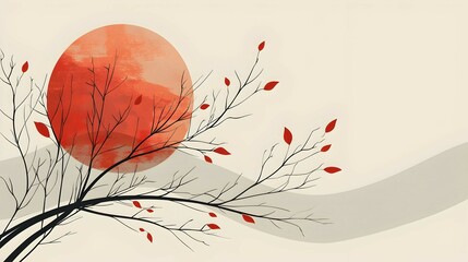 Wall Mural - Minimalist Abstract Art with Branch and Red Leaves Against a Cream Background