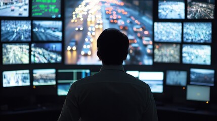 Poster - a person monitors multiple screens displaying traffic and city scenes in a control room.